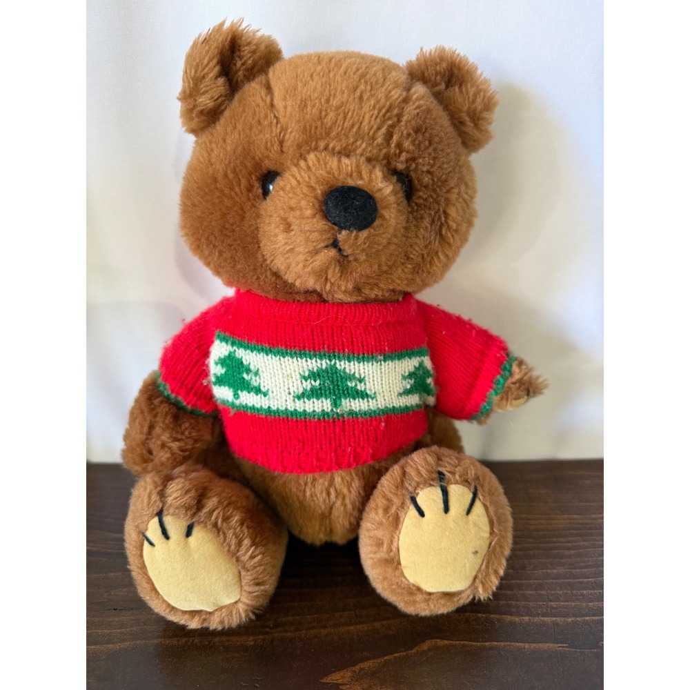 Vintage 1985 Dakin Teddy Bear Plush Brown Holiday Christmas Tree Sweater 10 inch